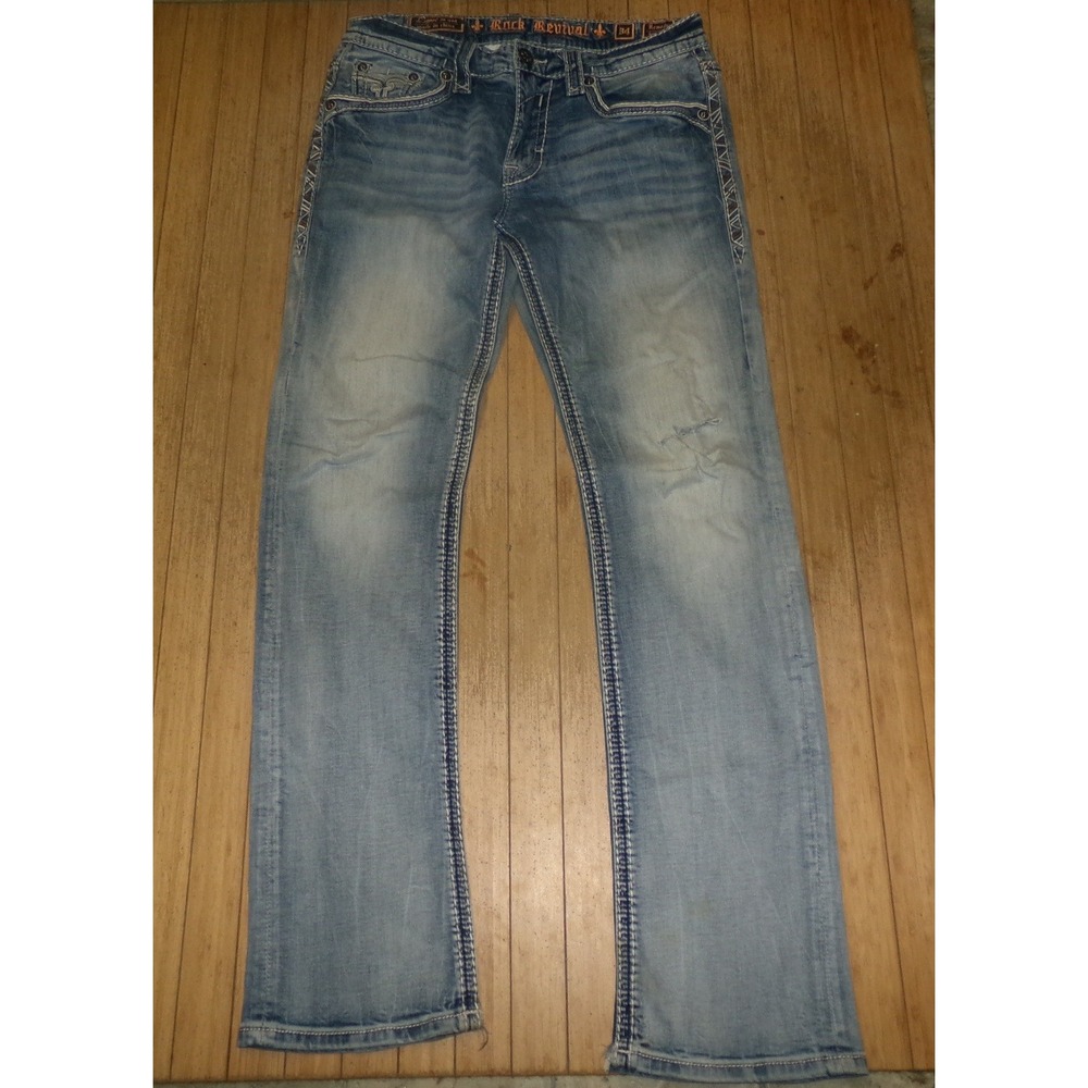 Rock Revival Remedy Mens 34 Straight Jeans Light Wash Embroidered Distressed